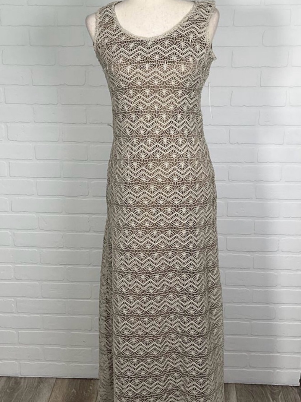 Sharagano Beige Crochet Maxi Dress